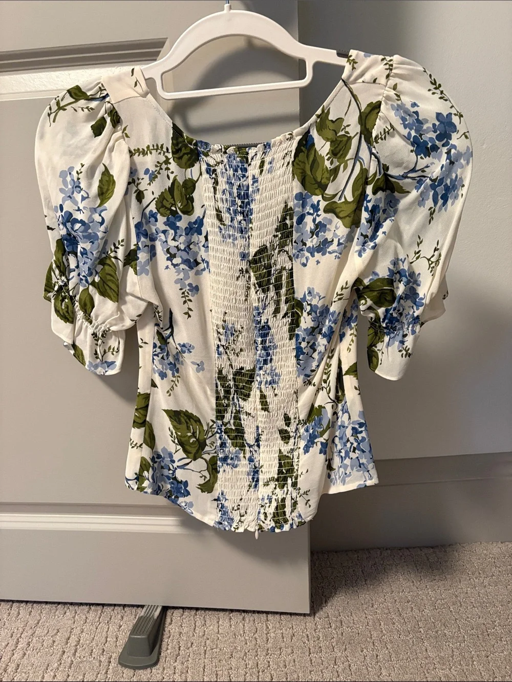 Reformation White Floral Puff-Sleeve Blouse with Blue & Green Print